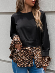 Leopard Spliced Ruffle Hem Round Neck Top - Shah S. Sahota