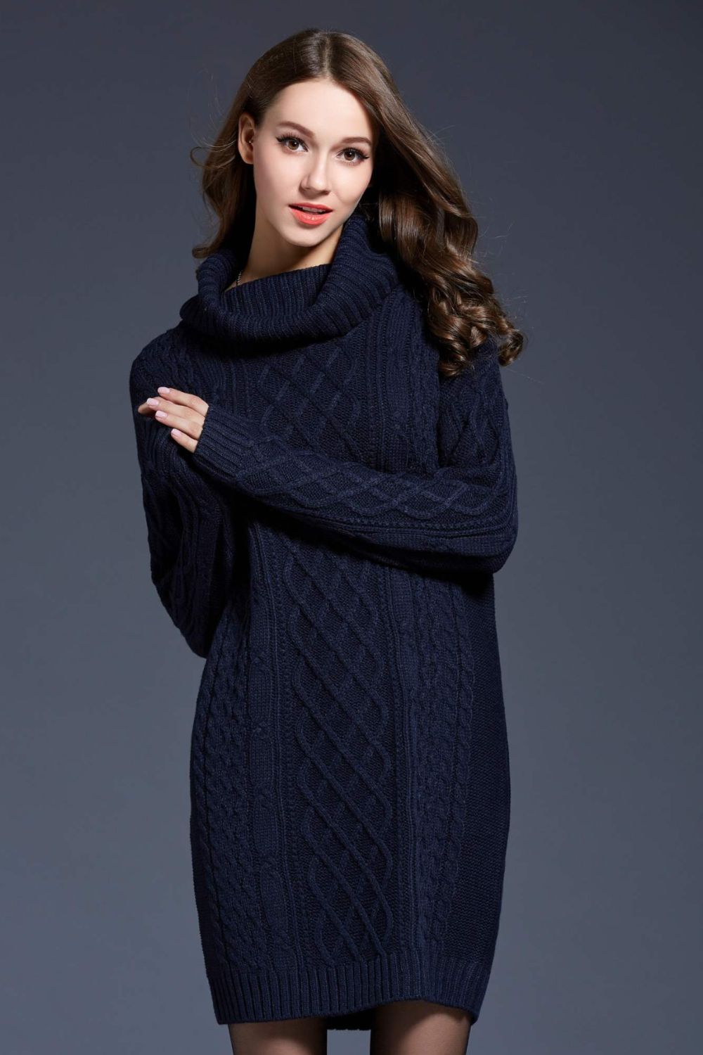 Full Size Mixed Knit Cowl Neck Dropped Shoulder Sweater Dress - Shah S. Sahota