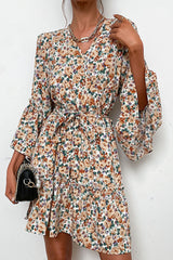 Floral Belted Flare Sleeve V-Neck Dress - Shah S. Sahota