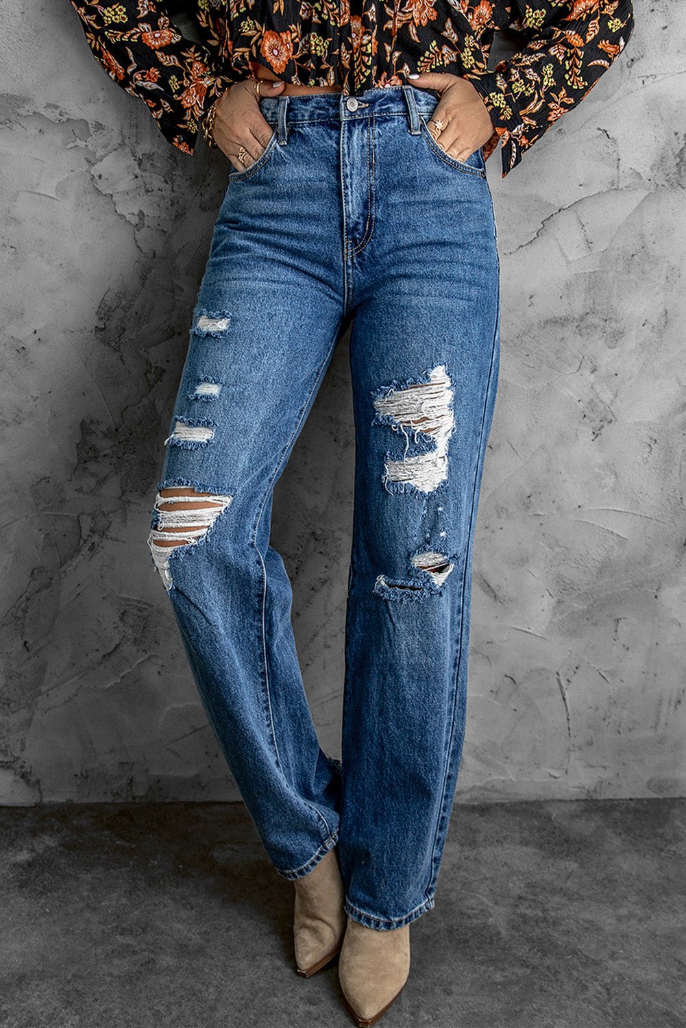 Distressed High Waist Jeans with Pockets - Shah S. Sahota