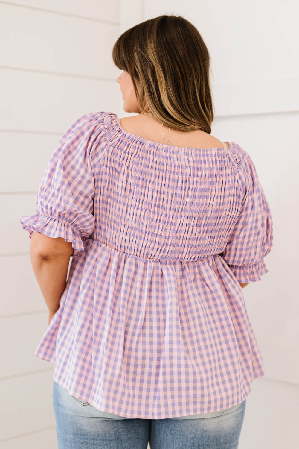 Davi & Dani Youthful Days Full Size Run Gingham Smocked Babydoll Top - Shah S. Sahota