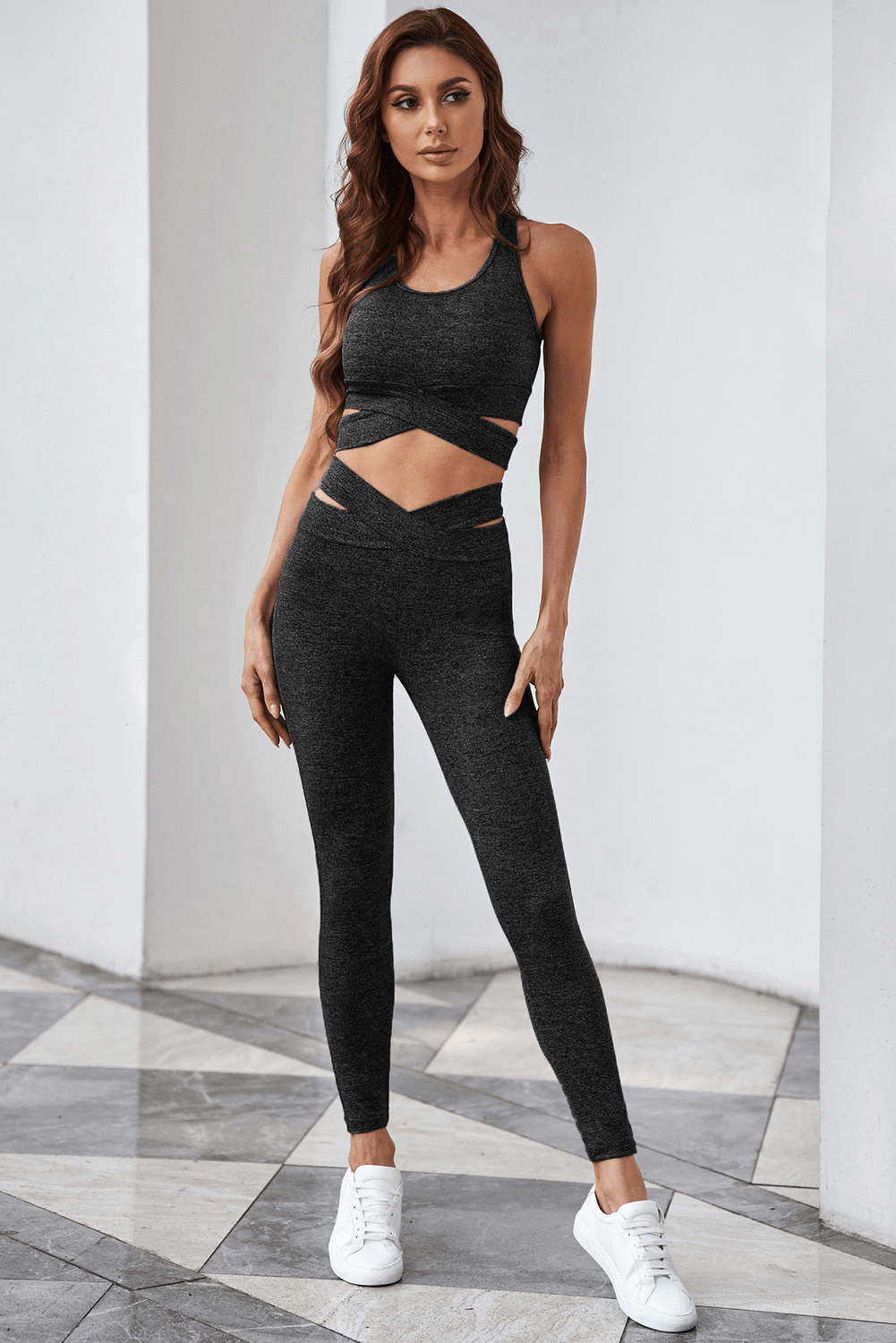 Gray Crisscross Sports Bra And Leggings Set - Shah S. Sahota