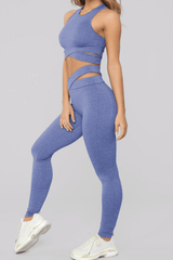 Blue Crisscross Sports Bra And Leggings Set - Shah S. Sahota