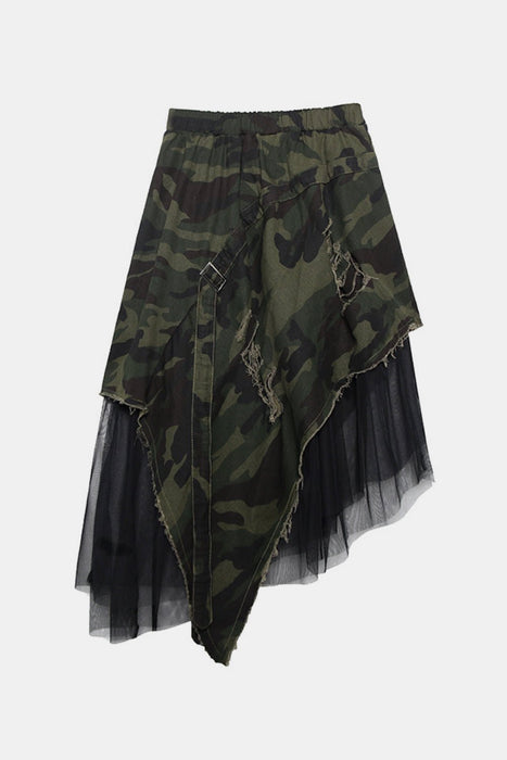 Camouflage Asymmetrical Distressed Denim Skirt with Mesh - Shah S. Sahota