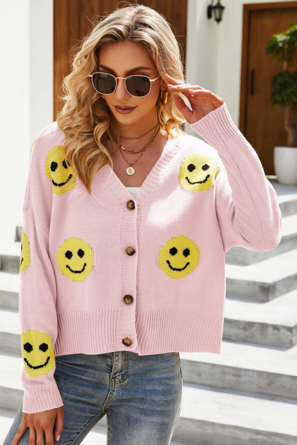 Smiley Face Ribbed Trim V-Neck Cardigan - Shah S. Sahota