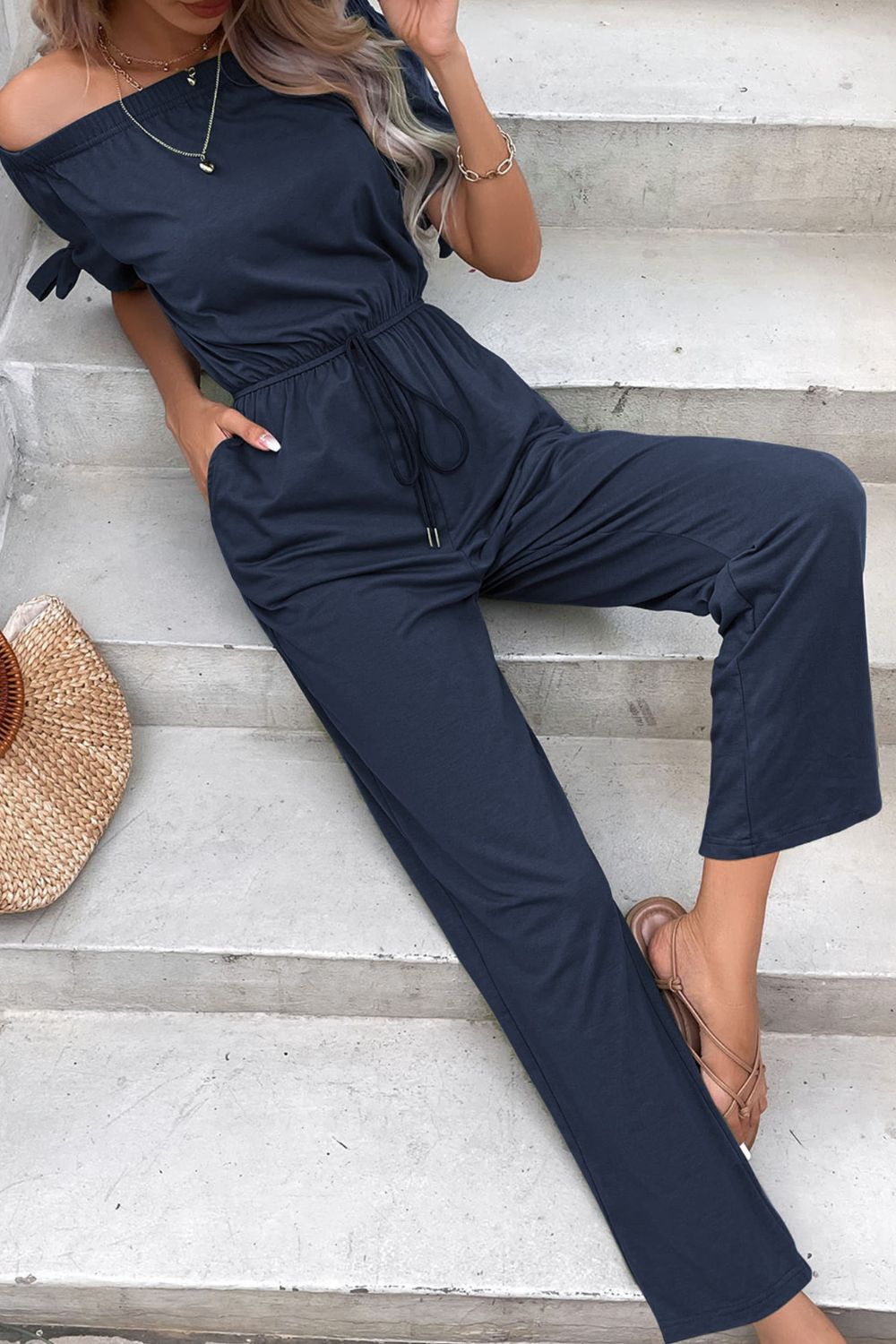 Off-Shoulder Tie Cuff Jumpsuit with Pockets - Shah S. Sahota