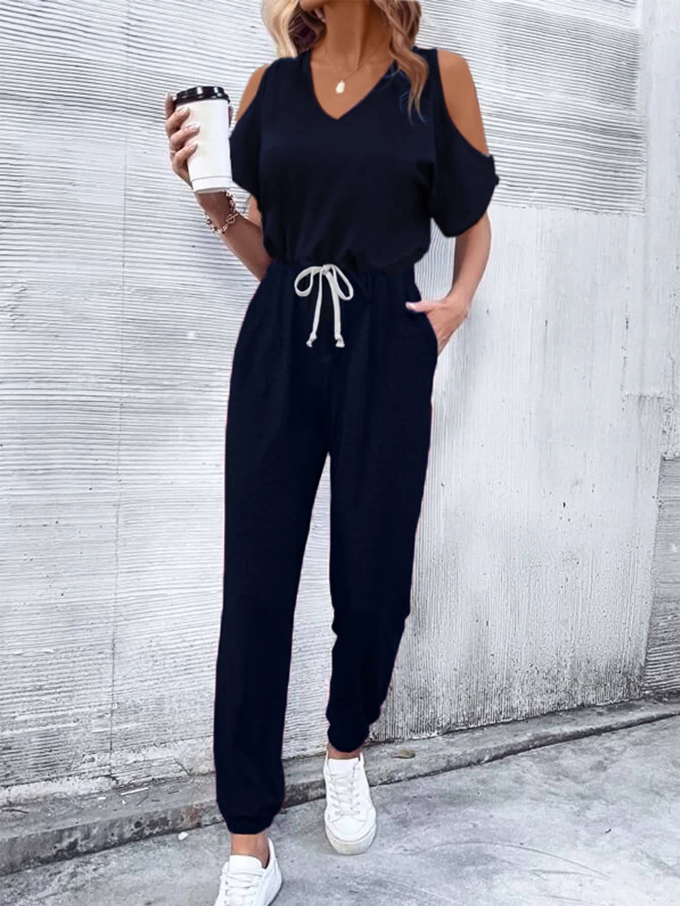 V-Neck Cold-Shoulder Jumpsuit with Pockets - Shah S. Sahota