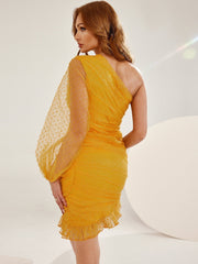 Swiss Dot Cutout One-Shoulder Ruffle Hem Dress - Shah S. Sahota