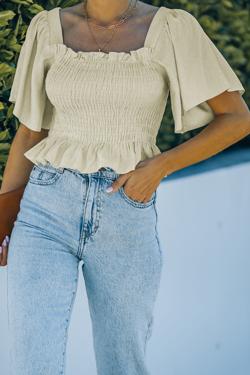 Smocked Frill Trim Peplum Top - Shah S. Sahota
