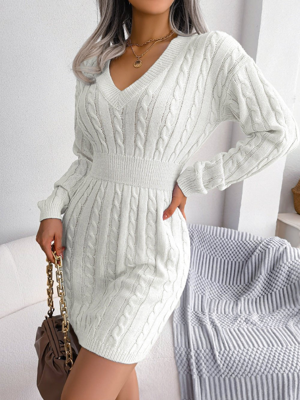 Cable-Knit V-Neck Mini Sweater Dress - Shah S. Sahota