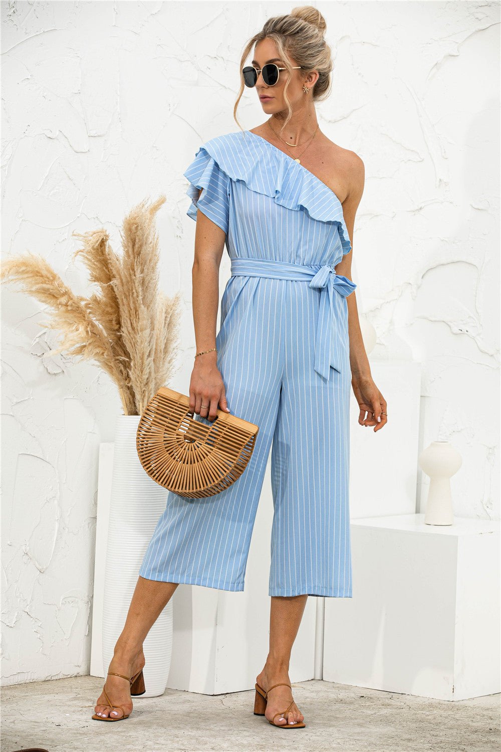 Asymmetric Neck Ruffle Trim Striped Jumpsuit - Shah S. Sahota