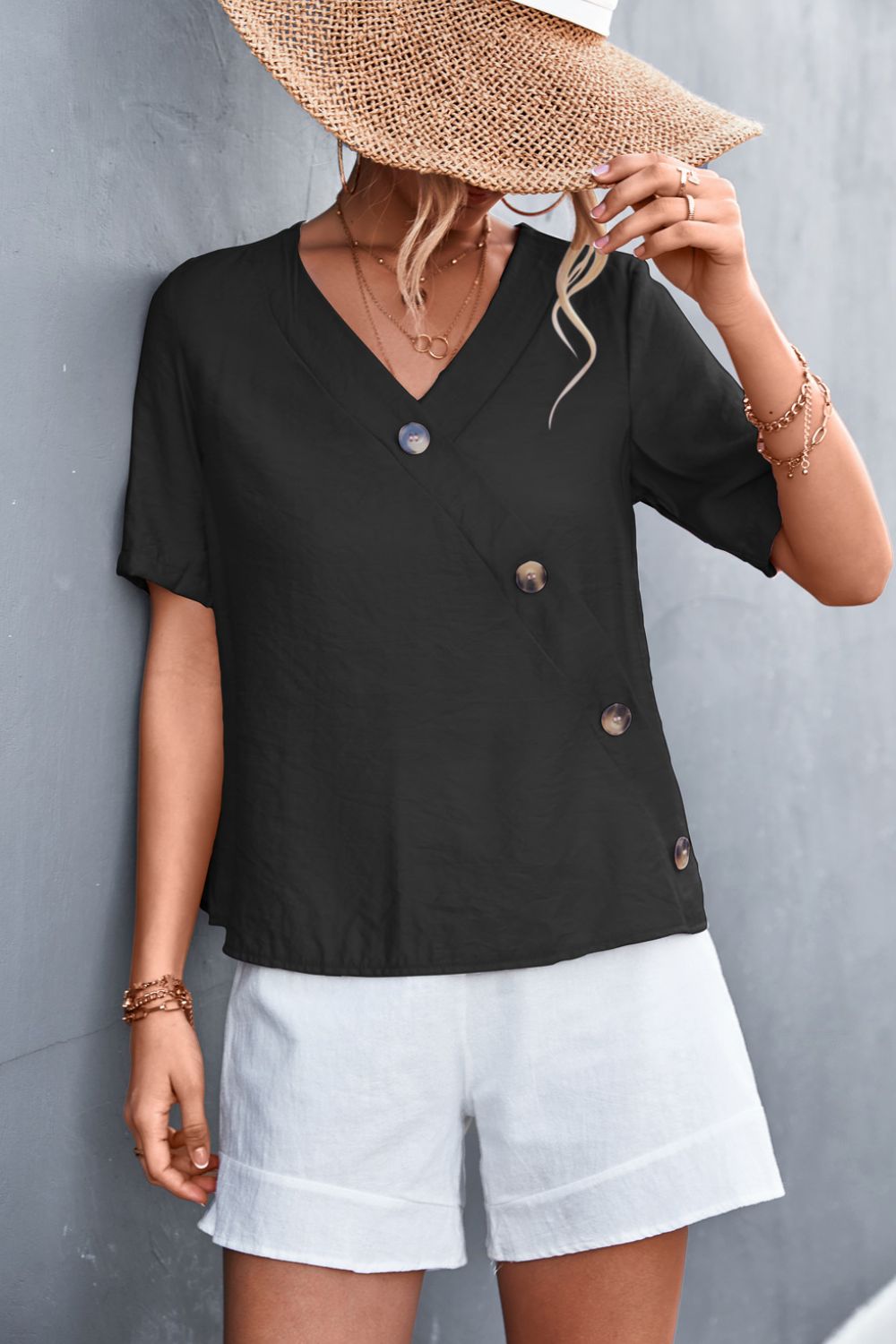 Decorative Button Surplice Top - Shah S. Sahota