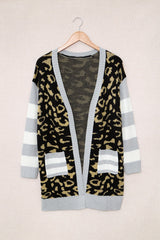 Leopard Print Striped Sleeve Open Front Longline Cardigan - Shah S. Sahota