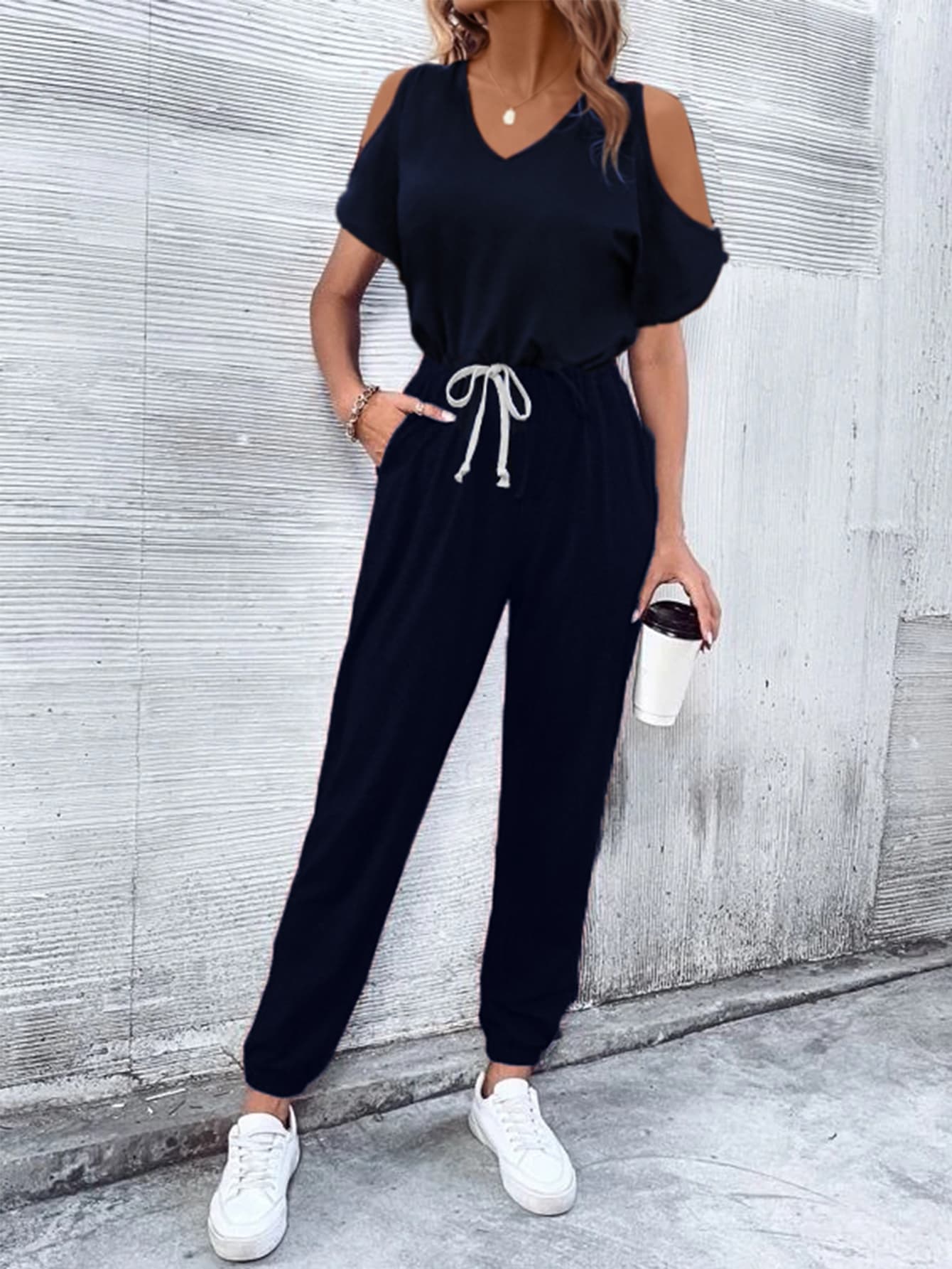 V-Neck Cold-Shoulder Jumpsuit with Pockets - Shah S. Sahota