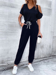 V-Neck Cold-Shoulder Jumpsuit with Pockets - Shah S. Sahota