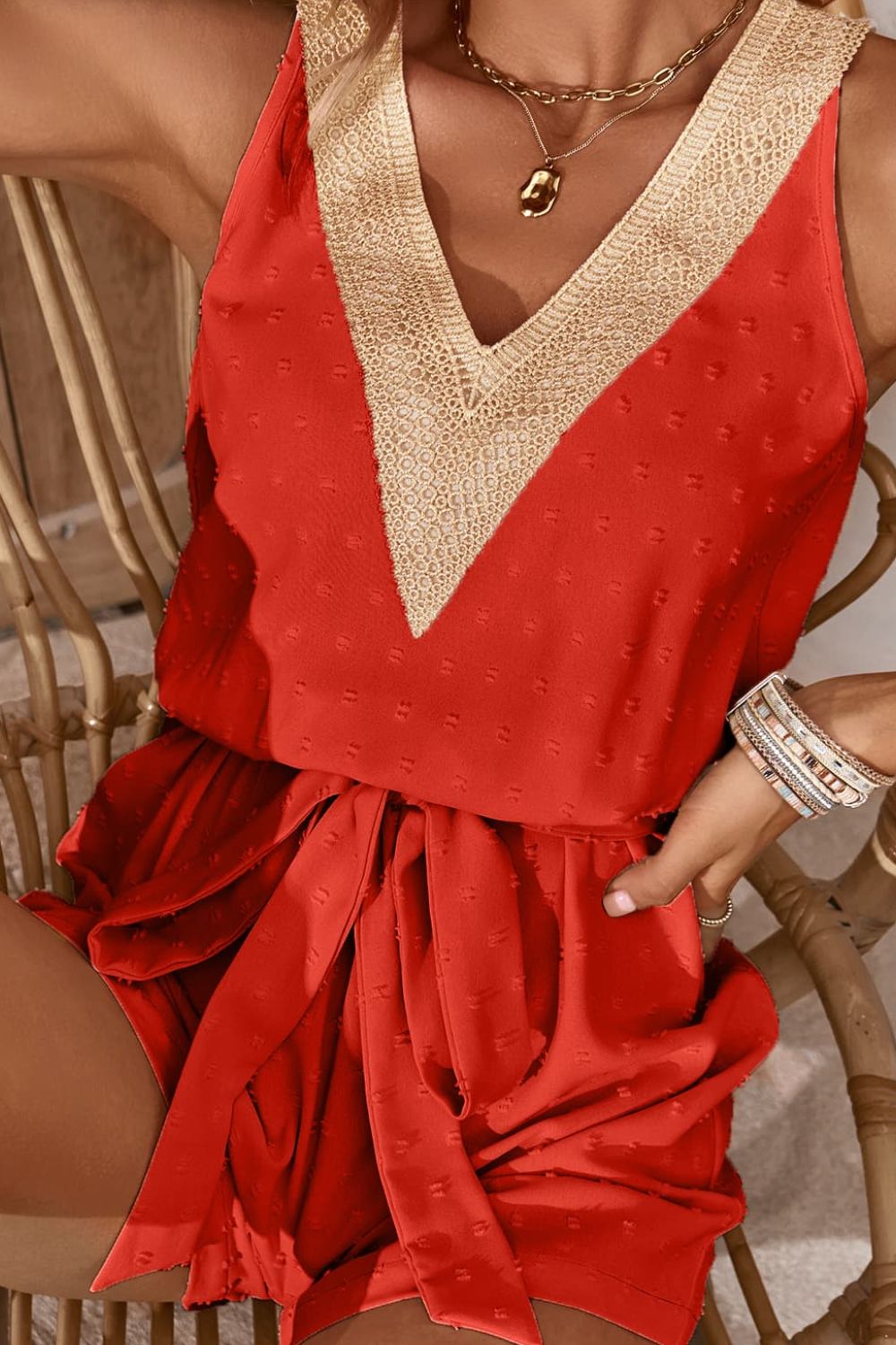 Swiss Dot Contrast Tie Waist Romper - Shah S. Sahota