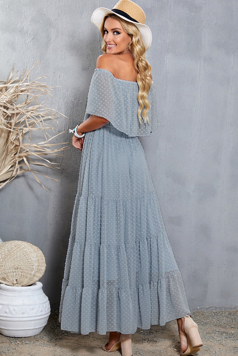 Swiss Dot Off-Shoulder Tiered Maxi Dress - Shah S. Sahota