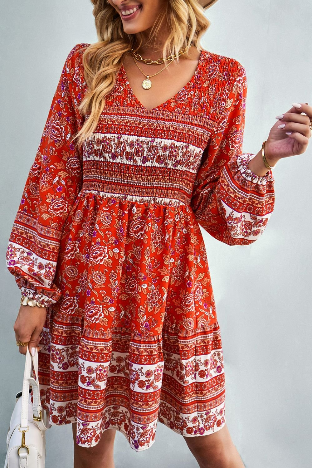 Bohemian V-Neck Balloon Sleeve Dress - Shah S. Sahota