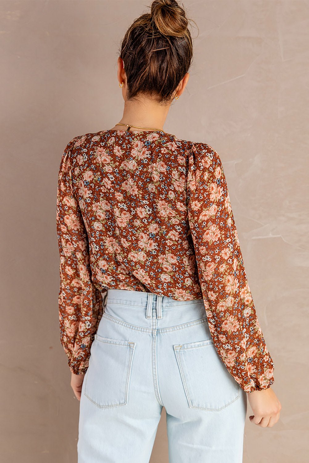 Floral Balloon Sleeve Surplice Blouse - Shah S. Sahota