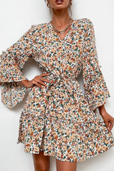 Floral Belted Flare Sleeve V-Neck Dress - Shah S. Sahota