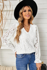 Lace Crochet V-Neck Flounce Sleeve Top - Shah S. Sahota