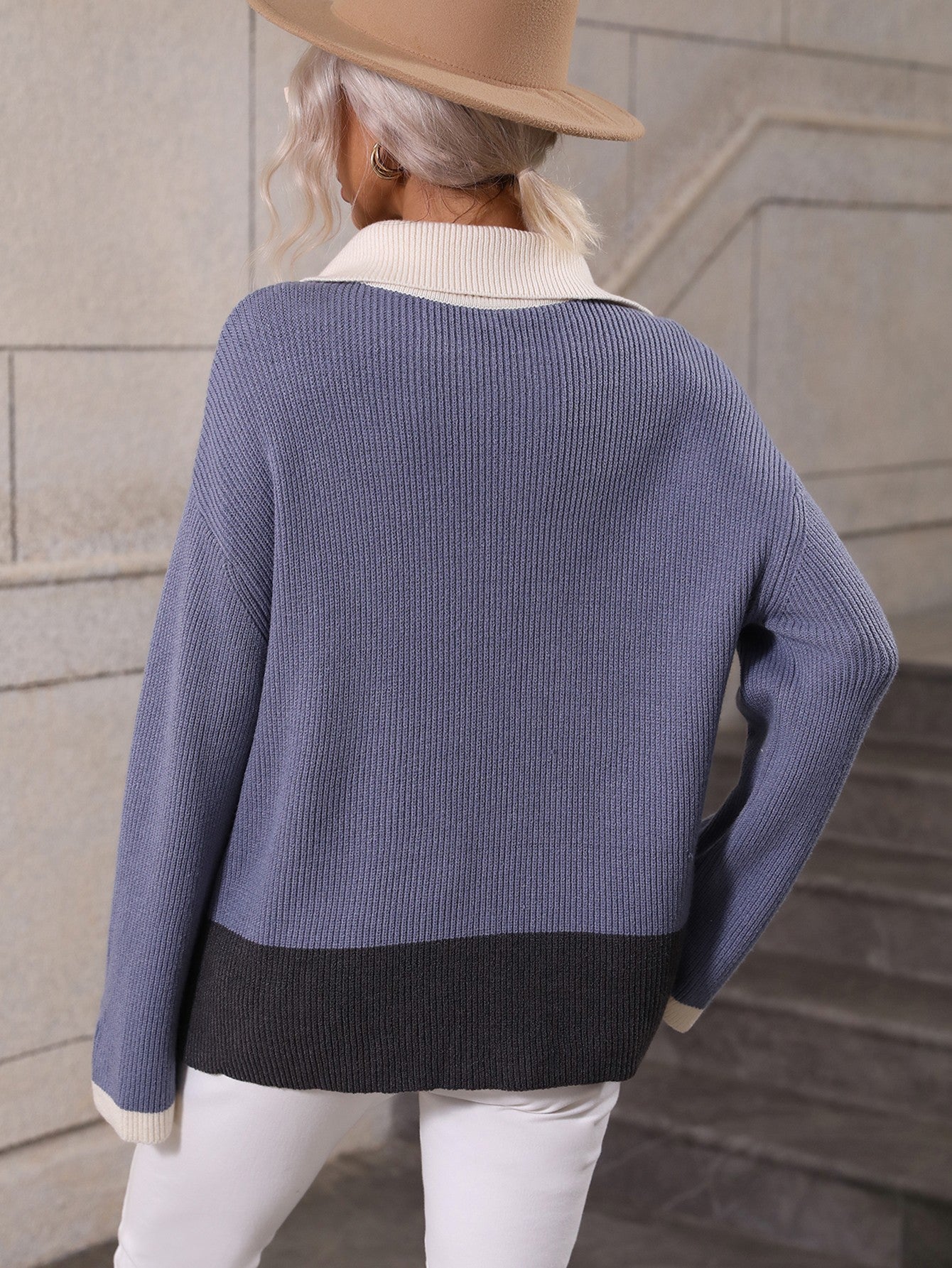 Color Block Half-Zip Dropped Shoulder Knit Pullover - Shah S. Sahota