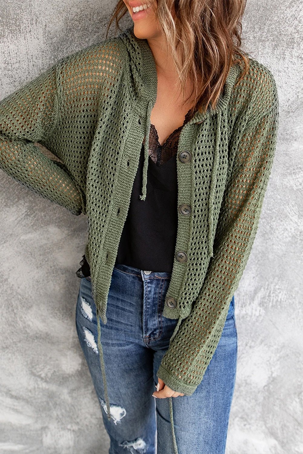 Button-Up Drawstring Detail Openwork Hooded Cardigan - Shah S. Sahota