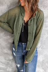 Button-Up Drawstring Detail Openwork Hooded Cardigan - Shah S. Sahota