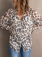 Leopard Button Down Ruched Flounce Sleeve Top - Shah S. Sahota