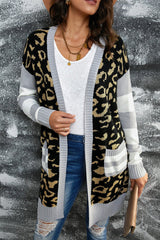 Leopard Print Striped Sleeve Open Front Longline Cardigan - Shah S. Sahota