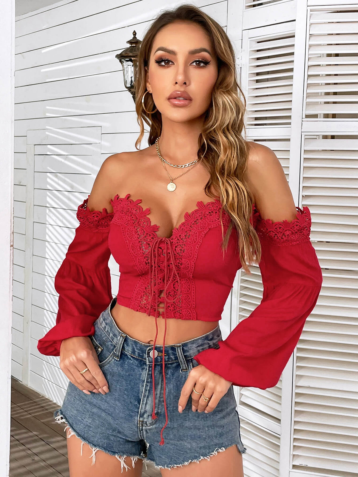 Spliced Lace Tie Front Balloon Sleeve Top - Shah S. Sahota