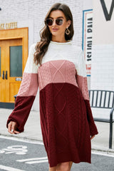 Color Block Mixed Knit Crewneck Sweater Dress - Shah S. Sahota