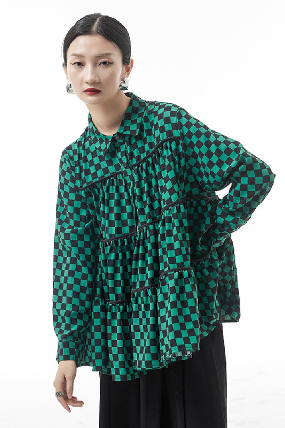 Checkered Button Down Tiered Babydoll Shirt - Shah S. Sahota