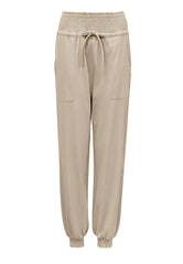Casual Shirred Elastic High Waist Tie With Pocket Pants