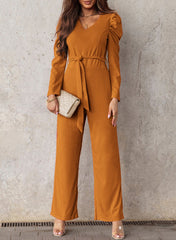 Belted Long Puff Sleeve V-Neck Jumpsuit - Shah S. Sahota