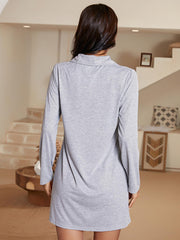 Heart Graphic Lapel Collar Long Sleeve Night Dress - Shah S. Sahota