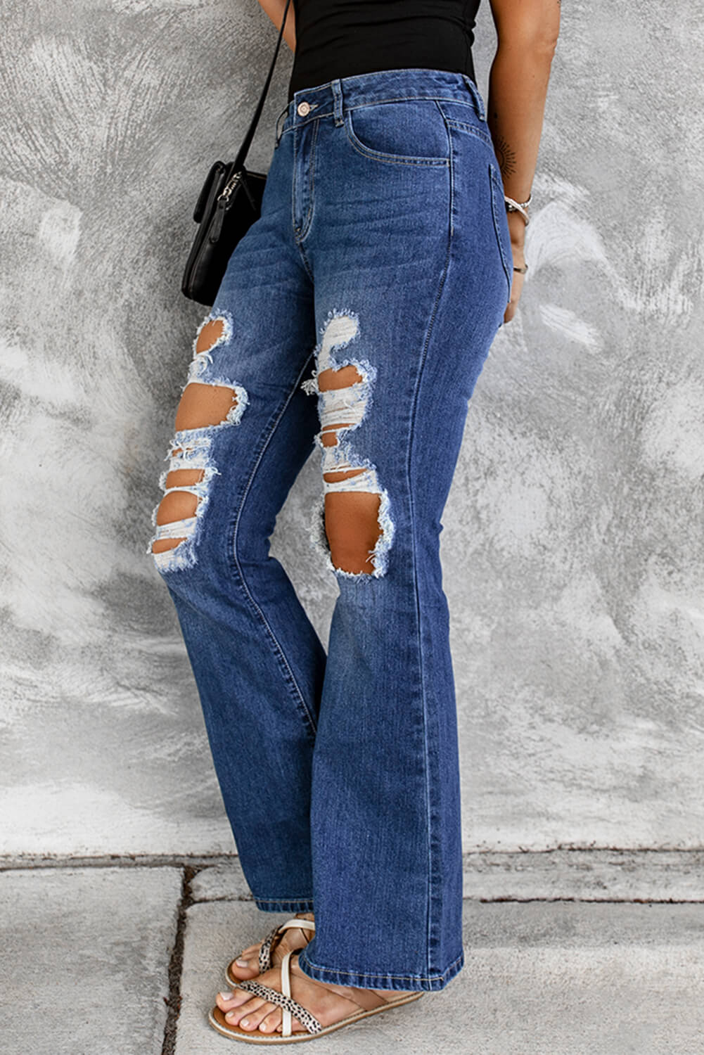 Distressed High Waist Flare Jeans - Shah S. Sahota