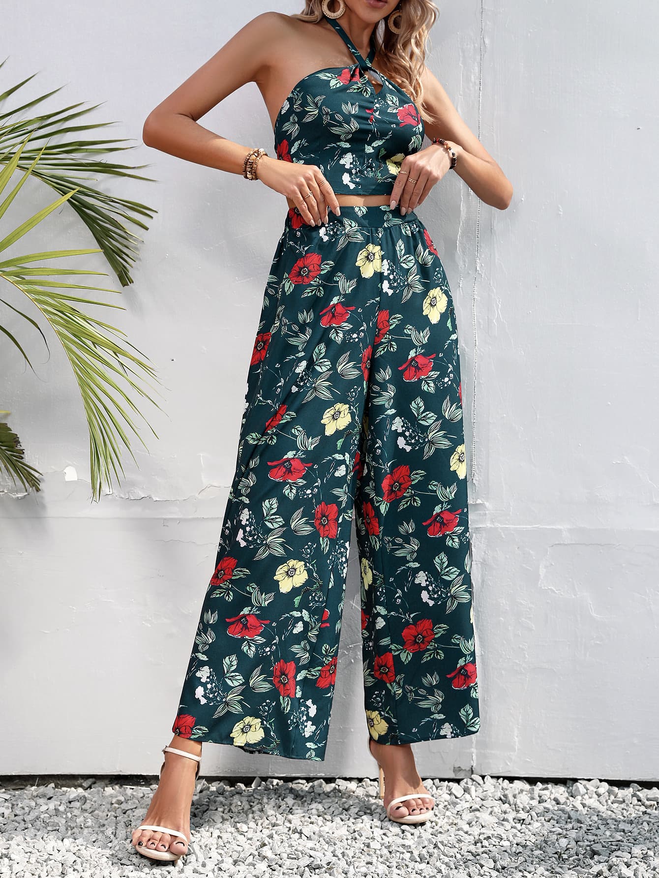 Floral Halter Neck Top and Wide Leg Pants Set - Shah S. Sahota