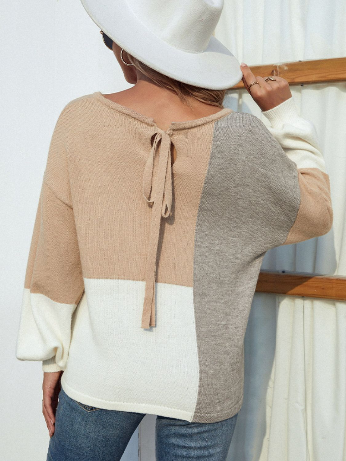 Color Block Tie Back Lantern Sleeve Sweater - Shah S. Sahota