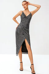 Sequined Spaghetti Strap Ruched Wrap Dress - Shah S. Sahota