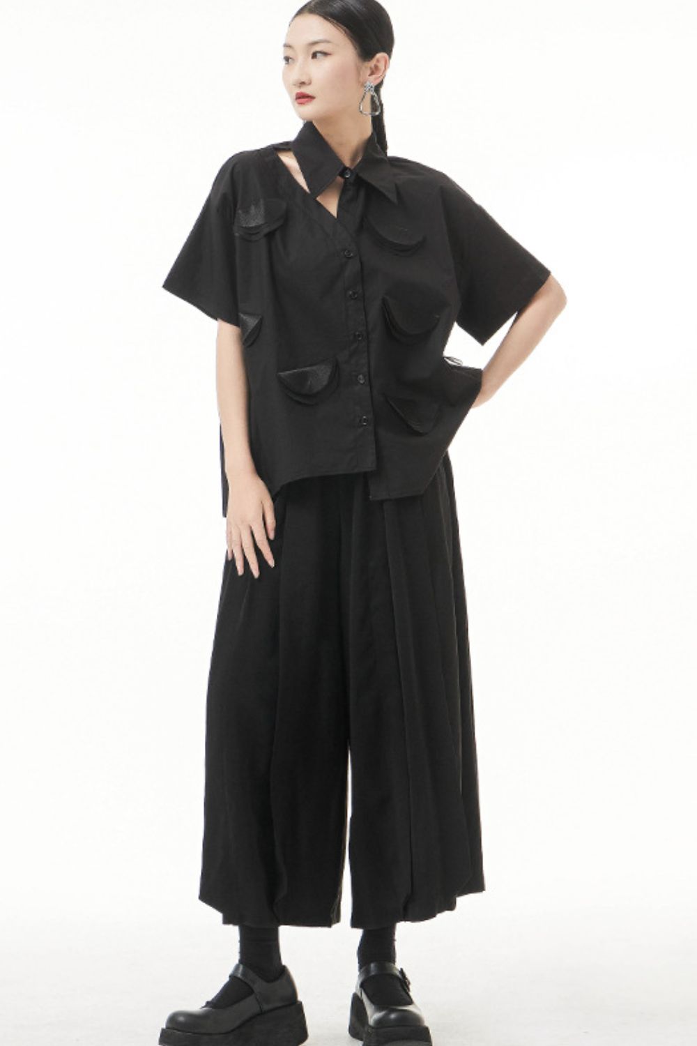 Cutout Pointed Collar Button Front Shirt - Shah S. Sahota