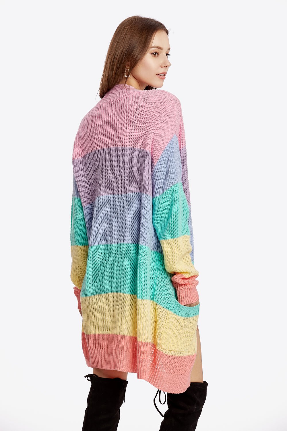 Color Block Open Front Drop Shoulder Cardigan with Pockets - Shah S. Sahota