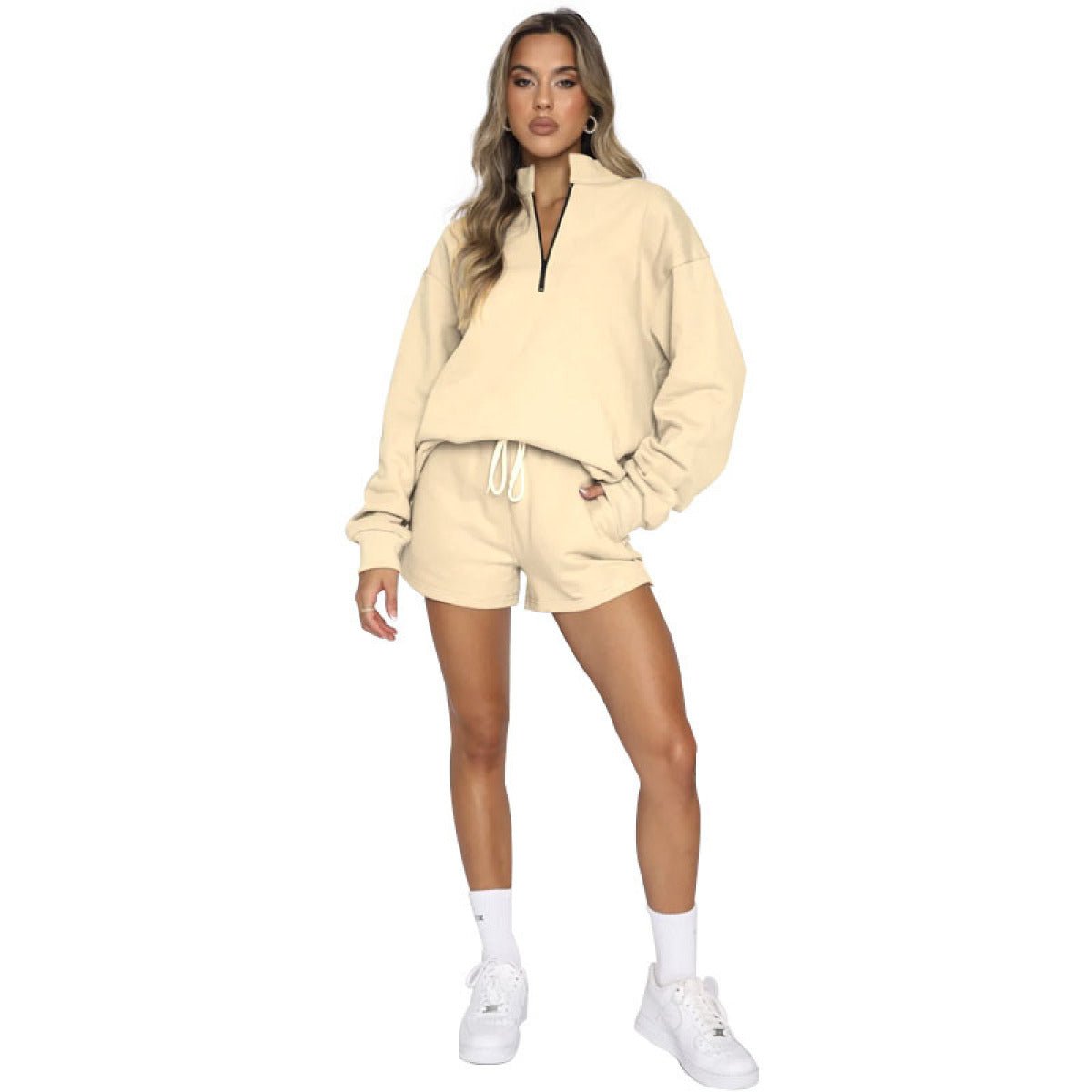 Stand-Up Collar Zipper Pullover Long-Sleeved Sweatshirts & Tie Shorts Lounge Sets - Shah S. Sahota