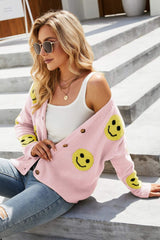 Smiley Face Ribbed Trim V-Neck Cardigan - Shah S. Sahota