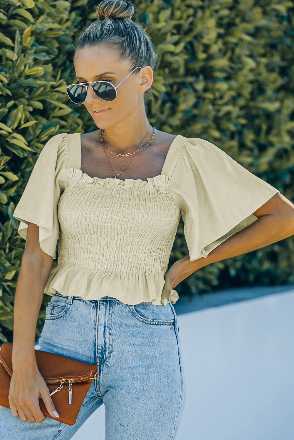Smocked Frill Trim Peplum Top - Shah S. Sahota