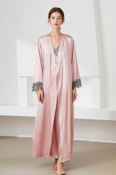 Contrast Lace Trim Satin Night Dress and Robe Set - Shah S. Sahota
