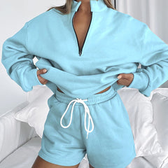 Stand-Up Collar Zipper Pullover Long-Sleeved Sweatshirts & Tie Shorts Lounge Sets - Shah S. Sahota