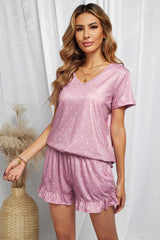 Polka Dot V-Neck Top and Ruffled Shorts Lounge Set - Shah S. Sahota