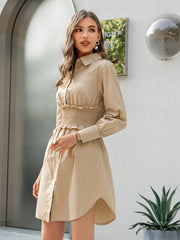 Button Front Frill Trim Smocked Waist Shirt Dress - Shah S. Sahota