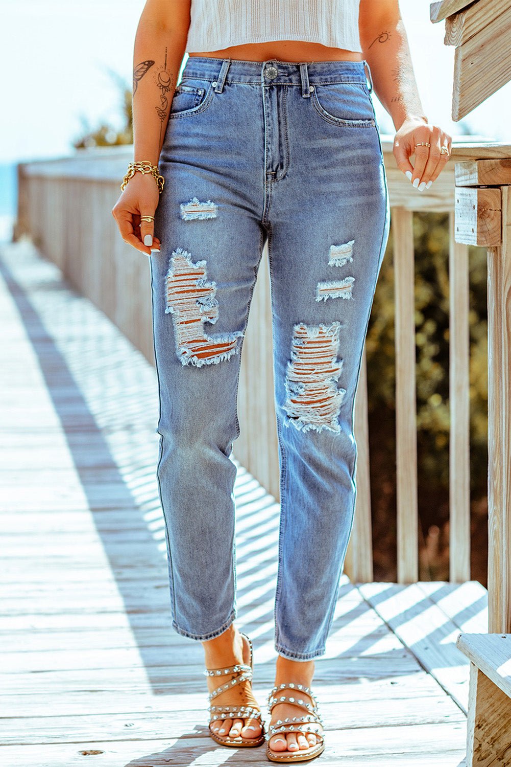 Distressed Ankle-Length Straight Leg Jeans - Shah S. Sahota